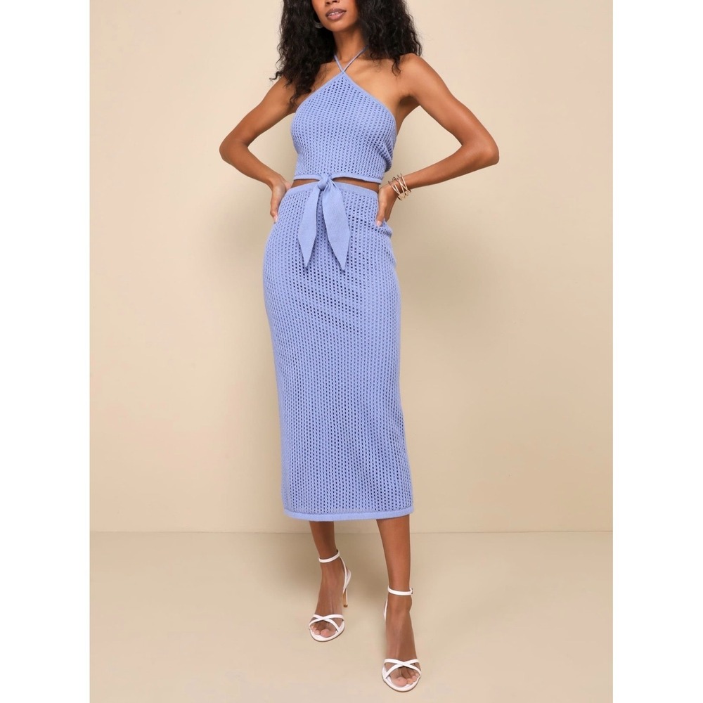 Lulus Sunny Serenity Periwinkle Crochet Cutout Halter Midi Dress Women's M